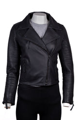 Ladies Matte Black Asymmetric Panelled Biker Style Leather Jacket: Carmen